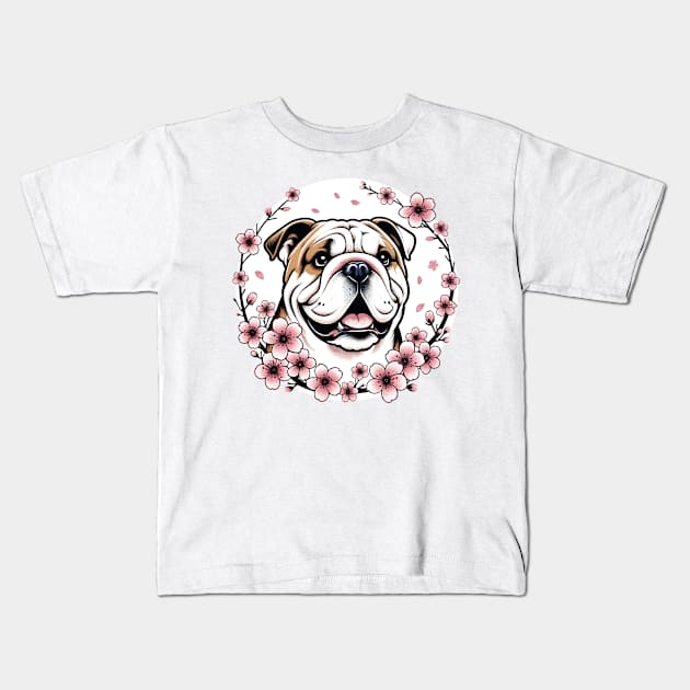 Bulldog Enjoys Spring Amidst Cherry Blossoms Radiance Kids T-Shirt by ArtRUs